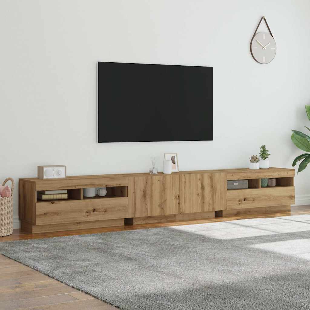 Tv-meubel met LED 260x35x40 cm bewerkt hout artisanaal eiken