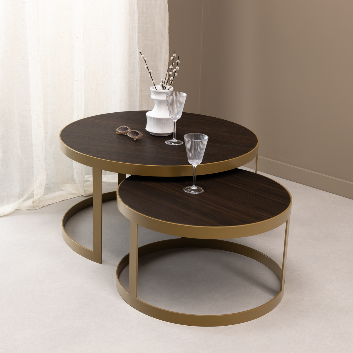 Stalux Salontafelset 'Saar' rond 80 en 60cm, kleur goud / bruin hout